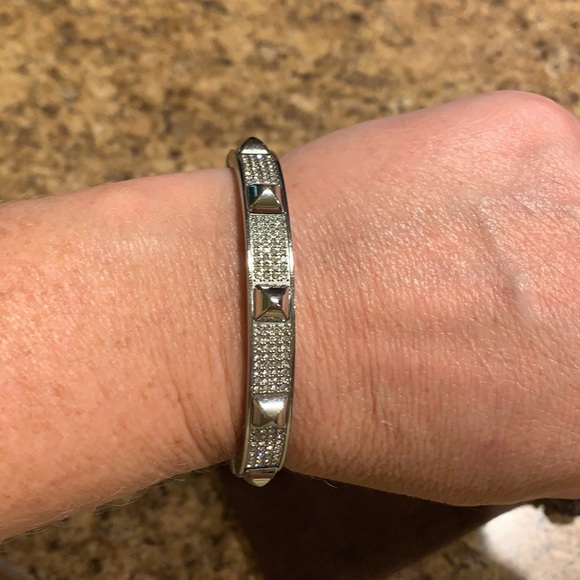 EUC Michael Kors Silver Bracelet Hinge & Lock Rhinestone & Spike Details RARE - Picture 4 of 6